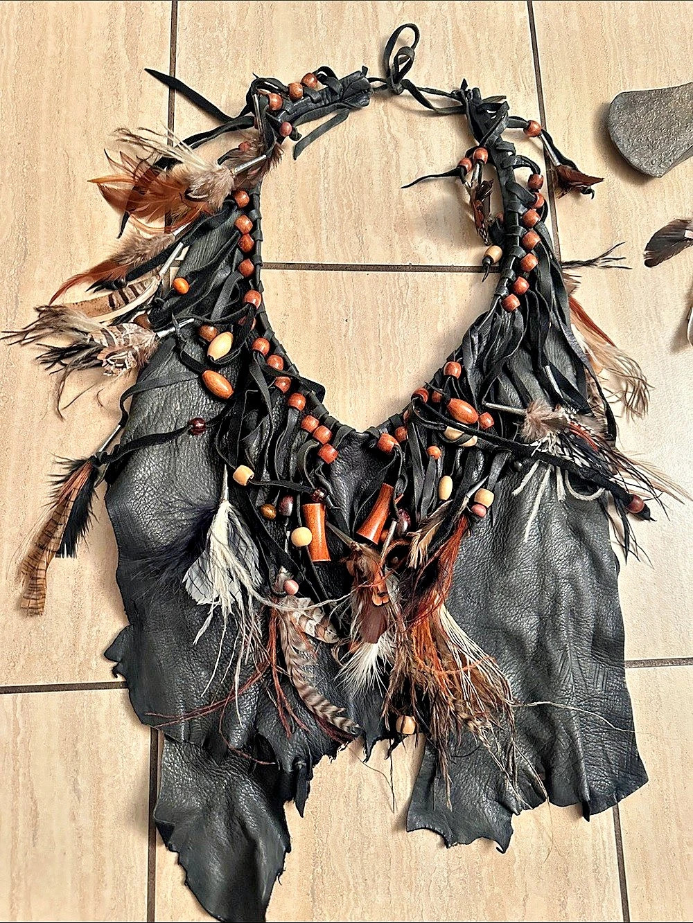 One of a Kind Leather Fringe, Feathered, Beaded Top, Perfect for Native Costume